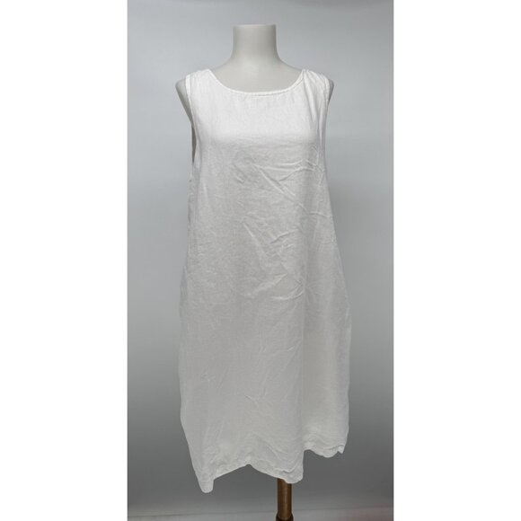Lanhtropy Linen Dress Large White Mother Of Pearl Buttons Boho Beachy Coastal - Picture 1 of 9